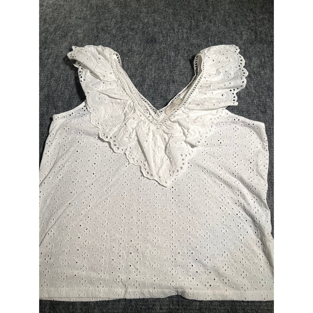 LOFT Tank Top Womens L White Eyelet Ruffle V-Neck Lace Trim Sleeveless Boho
